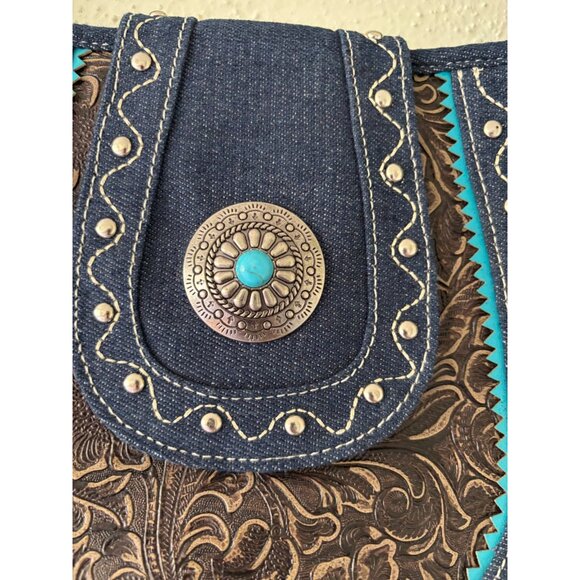 Canyon Sky Womens Denim Crossbody Bag With Turquoise Embellishment - Picture 6 of 12